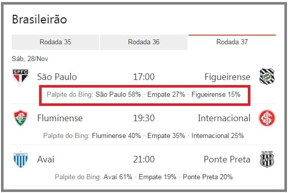 O Bing agora também dará palpites sobre os jogos do Brasileirão 