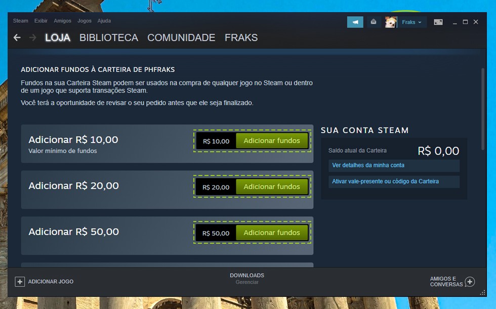 O passo a passo para adicionar dinheiro na sua steam wallet