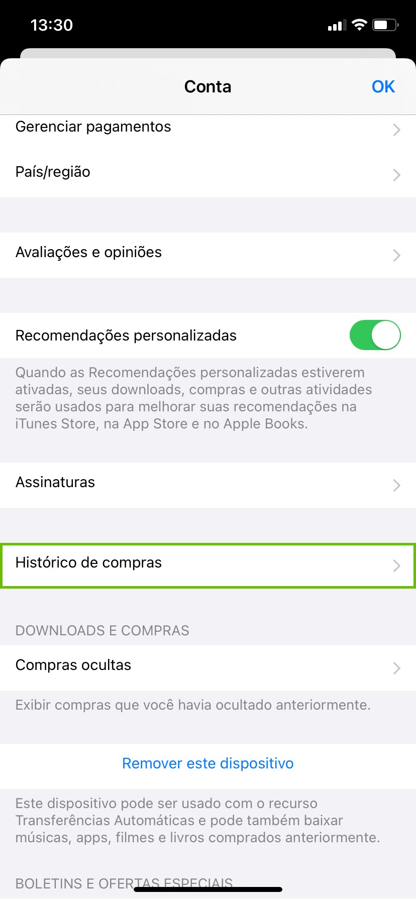 Como visualizar o histórico de downloads/compras do ID Apple