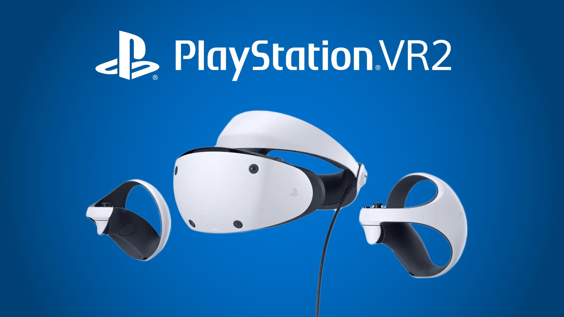  A product image of the PlayStation VR2 virtual reality headset and controllers in white against a blue background with the PlayStation logo and 'PlayStation VR2' text in the upper left corner and a search query 'Sony PS VR2 discounted pricing' in the lower right corner.