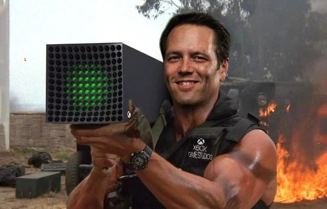 Montagem humorística mostrando personagem segurando um console Xbox Series X em cenário de ação