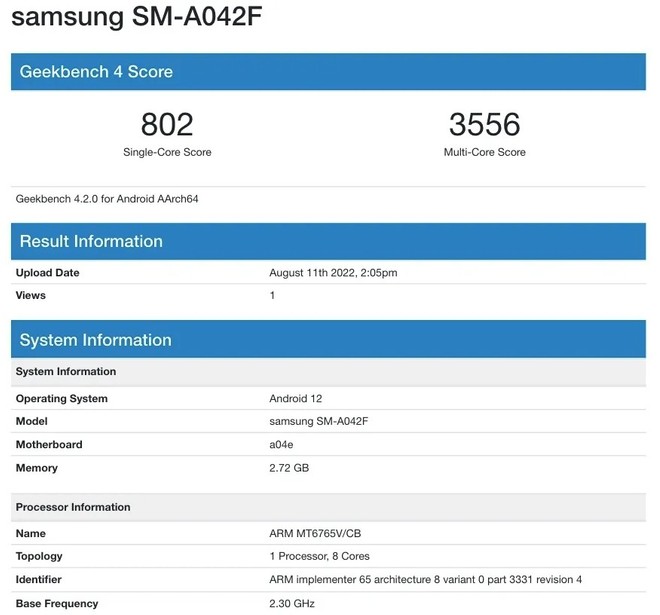Galaxy A04 Core passes Geekbench with MediaTek chipset and Android 12