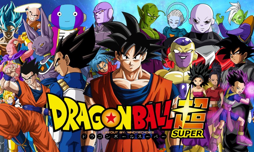 Uma imagem de desenho animado de alguns personagens de anime com as  palavras dragon ball z.