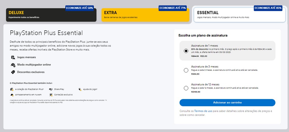 iannzits on X: O PlayStation Plus tá com uma promoção válida até 5 de  março na assinatura de 1 mês dos planos Deluxe, Extra ou Essential. O  PRIMEIRO MÊS do plano Essential