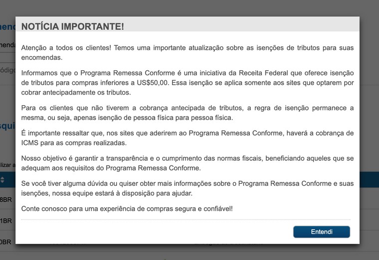 Taxação da Receita Federal para as compras feitas em sites