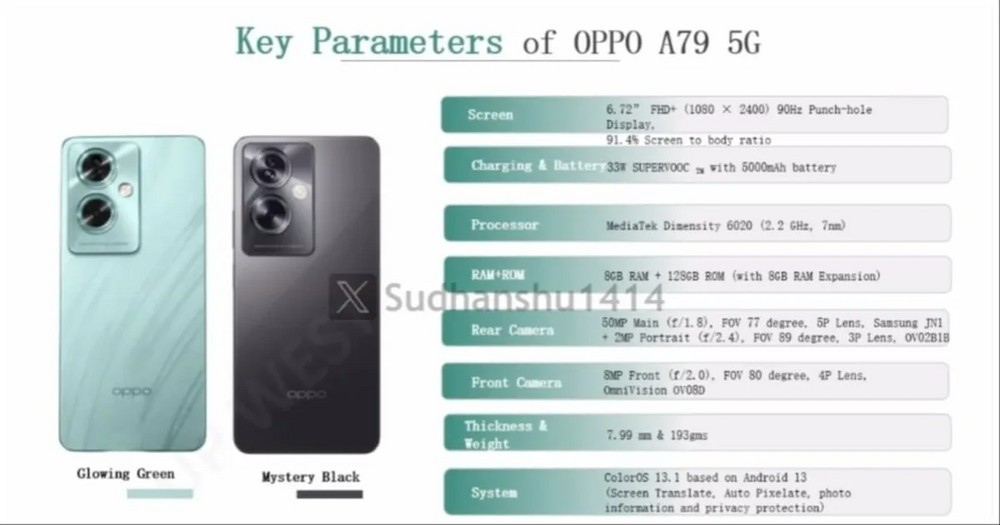 Móvil - OPPO A79 5G, Verde, 128 GB, 4 GB RAM, 6,72 , Mediatek Dimensity  6020 (7 nm), Android 13