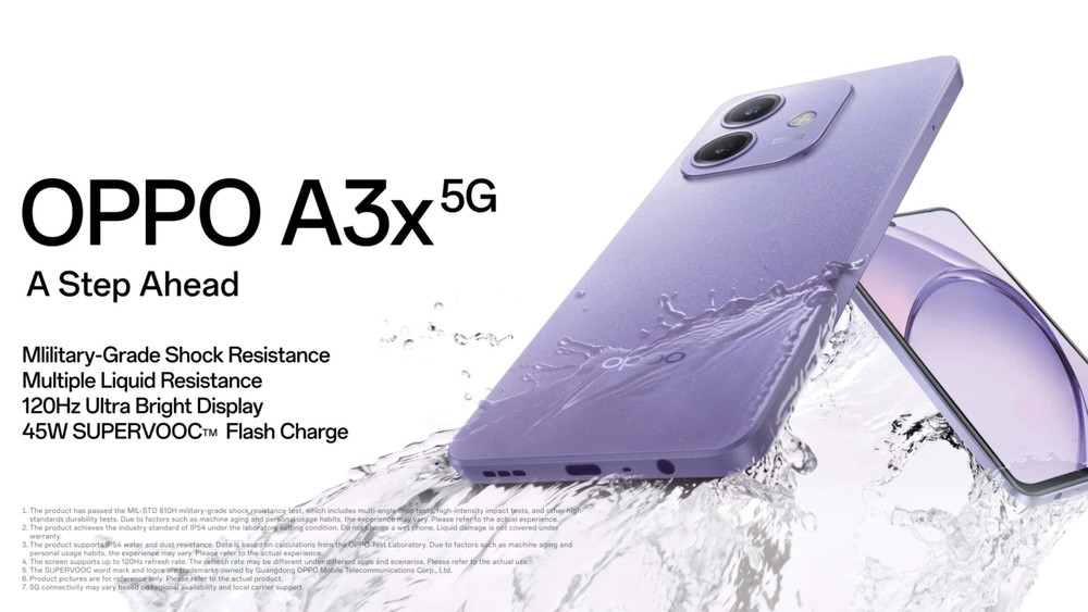 OPPO A3x 5G é lançado com certificação militar, Dimensity 6300 e