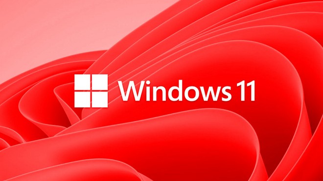 Banner promocional do Windows 11 mostrando o logotipo e nome do sistema operacional em fundo vermelho com design ondulado