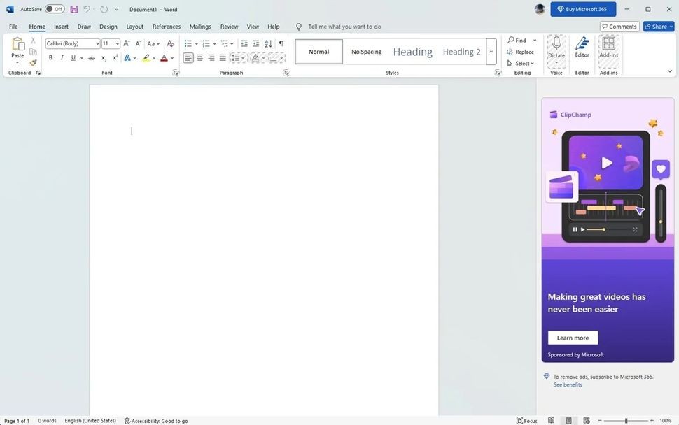 interface do Word com anúncios