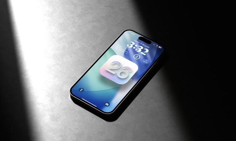 Smartphone iPhone exibindo a tela inicial e a logo do iOS, simbolizando a versão beta 26.3 com a integração do Google Gemini na Siri.