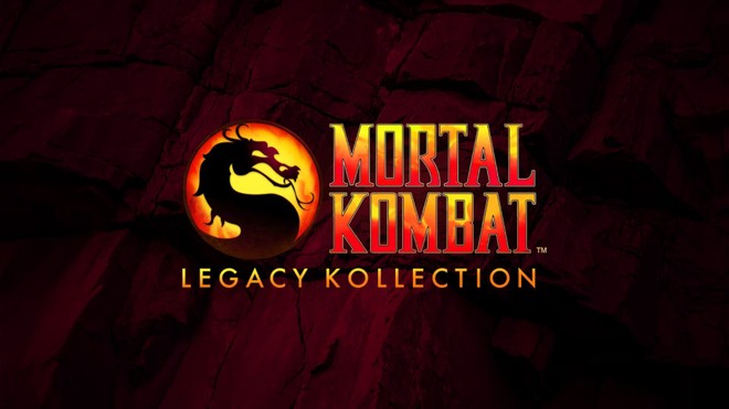 Logo oficial do Mortal Kombat Legacy Kollection exibindo o icônico dragão símbolo da franquia em um fundo texturizado escuro.