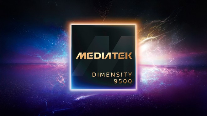 Close-up conceitual do chip MediaTek Dimensity 9500 com iluminação e efeito de néon