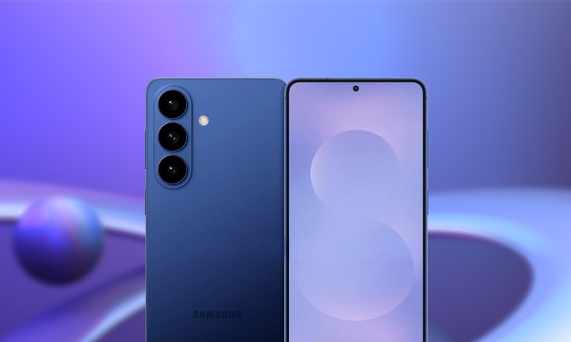 Imagem conceitual do Samsung Galaxy S26 com design moderno e interface de IA exibida na tela.