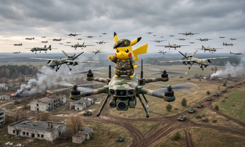 Cena de Pokémon Go com o personagem Pikachu na tela de um celular e um drone sobrevoando ao fundo