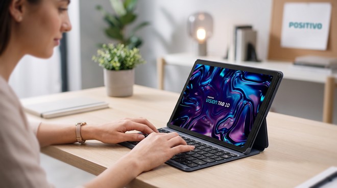 Tela grande e capa-teclado de brinde: tablet Positivo Vision Tab 10 em oferta por R$ 864 - Foto