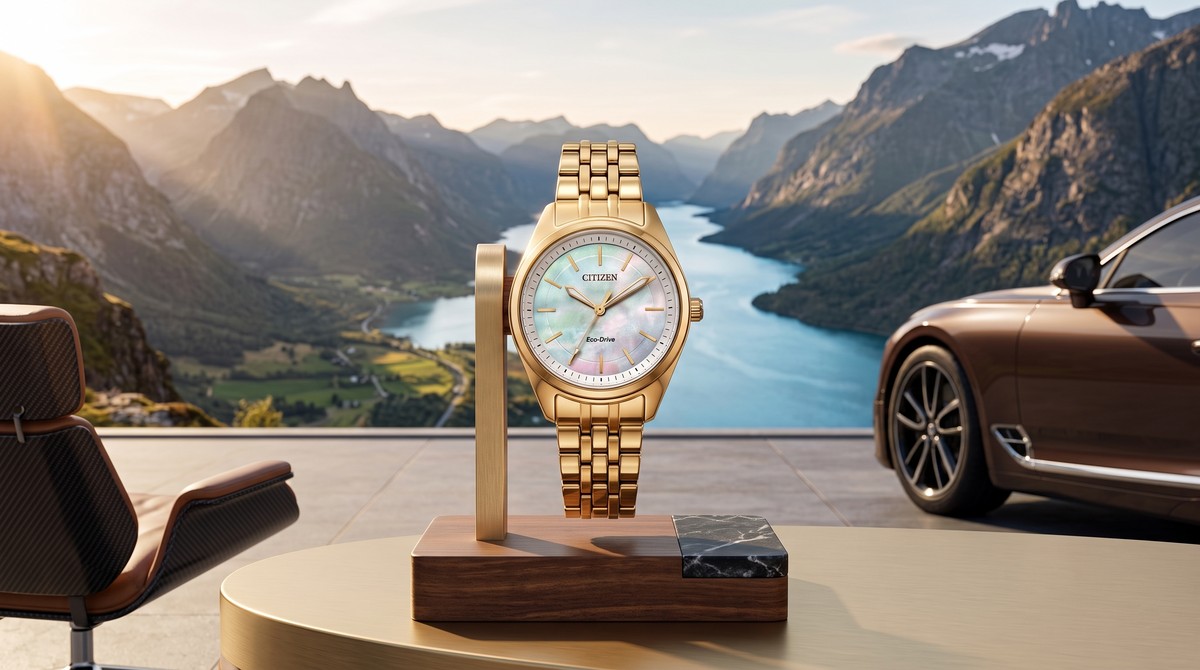 Citizen lança relógio de aço com acabamento dourado, visor em madrepérola e Eco-Drive