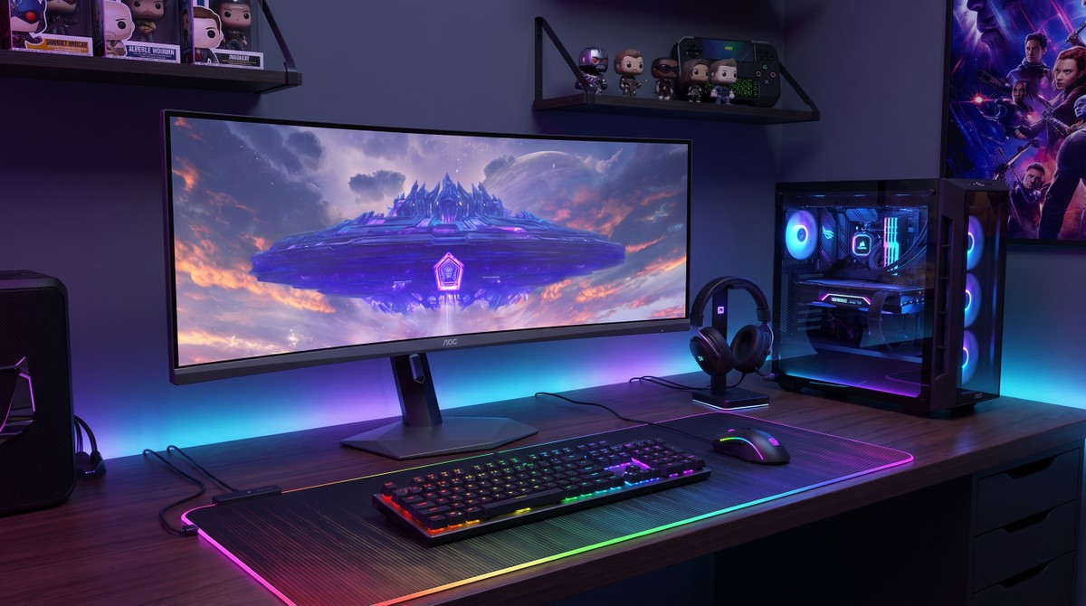 AOC lança monitor gamer curvo gigante de 49 polegadas com tela QD-OLED e taxa de 240Hz
