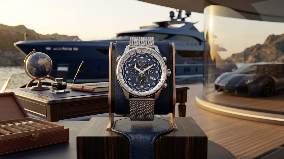 Citizen lança relógio esportivo com pulseira em malha de aço, fuso mundial e Eco-Drive